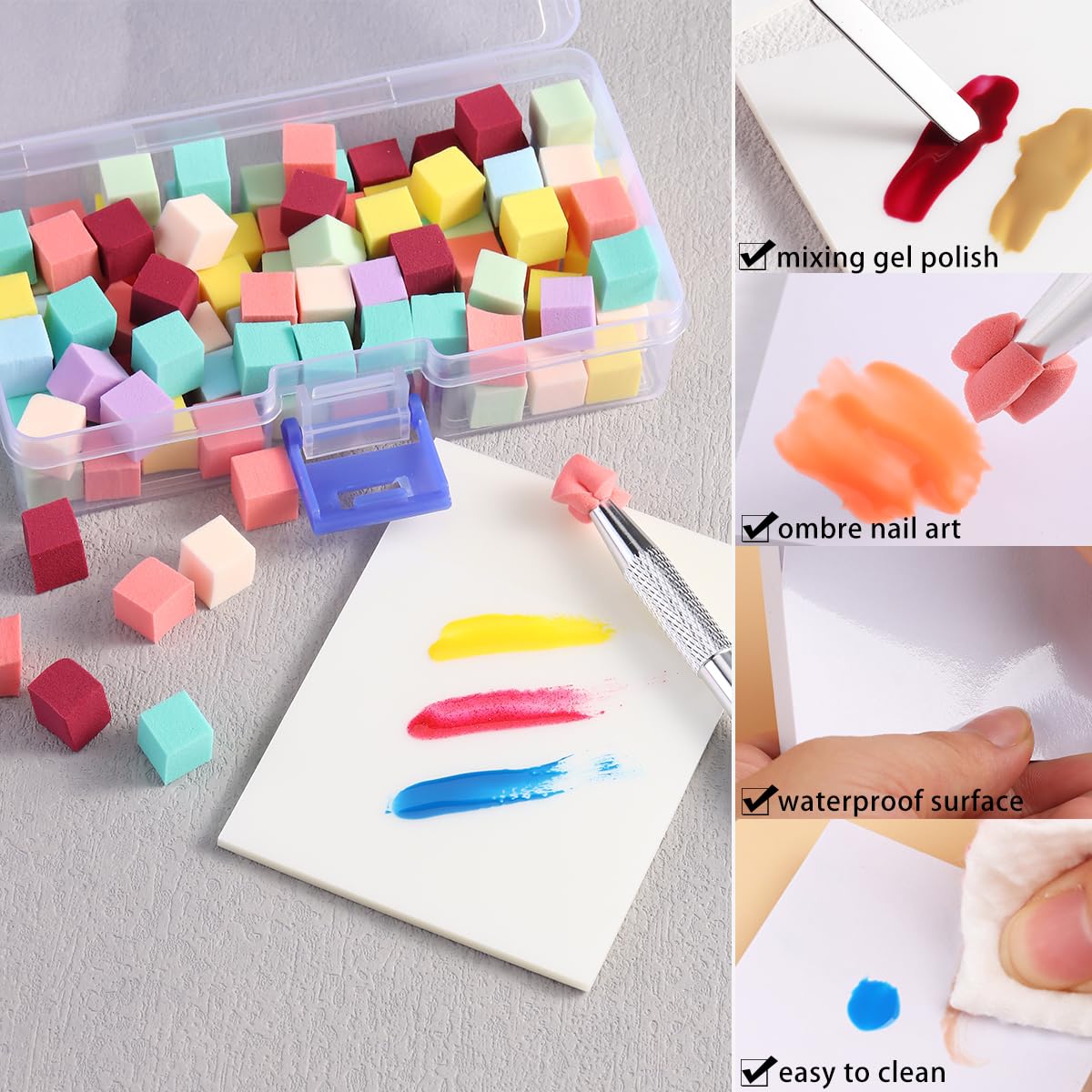 100Pcs Soft Nail Sponges for Ombre Mini Nail Art Sponges With Grabbing Pen Colorful Aura Nail Sponge Set Brush for Gel Nails Gradient Sponge With Disposable Gel Polish Palette Paper