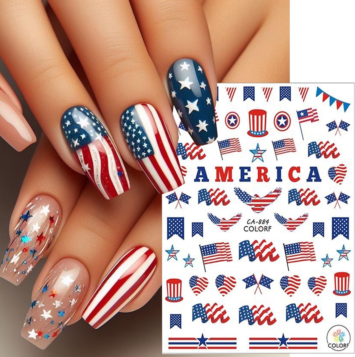 6Pcs Independence Day Nail Stickers for Nail Art - Celebrate 4th of July Nail Decals 3D Self-Adhesive USA Flags Heart Star Bow Eagle Design Firework Sticker for Memorial Day DIY Patriotic Nail Decor