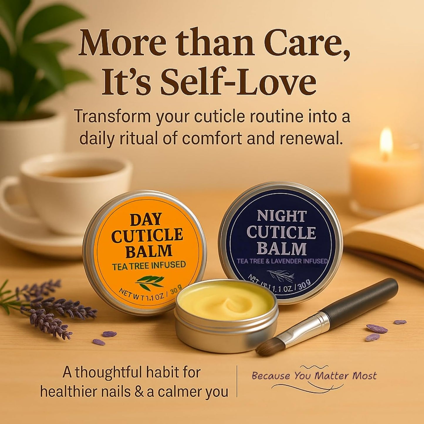 Tea Tree Oil Cuticle Balm Day & Night Set - Cuticle Cream & Butter for Dry, Damaged Cuticles - Includes Cuticle Brush for Easy Application - Cuticle Healing Treatment Moisturizer, 1.1 OZ 2PK