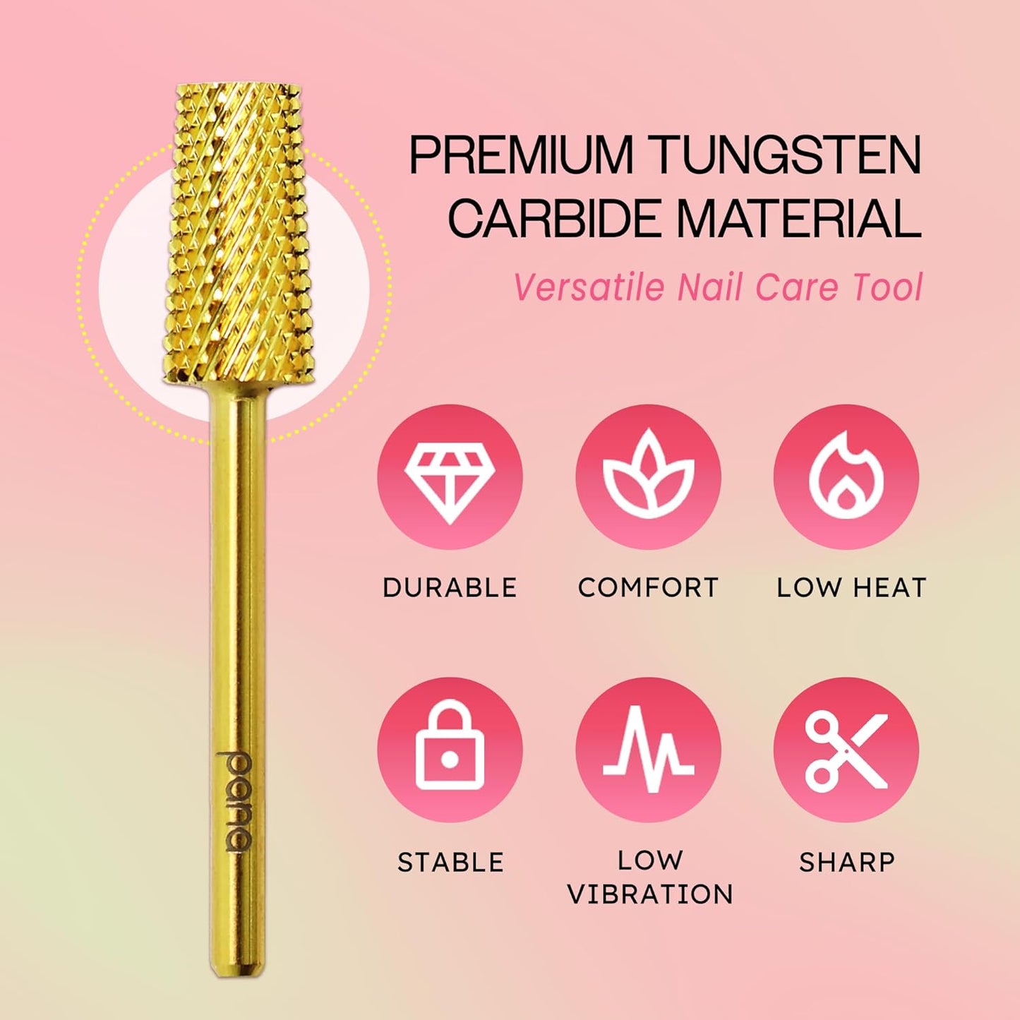 PANA Tapered Barrel Carbide 3/32" Shank Size - (Gold, Medium Grit) - Fast remove Acrylic or Hard Gel Nail Drill Bit for Manicure Pedicure Salon Professional or Beginner