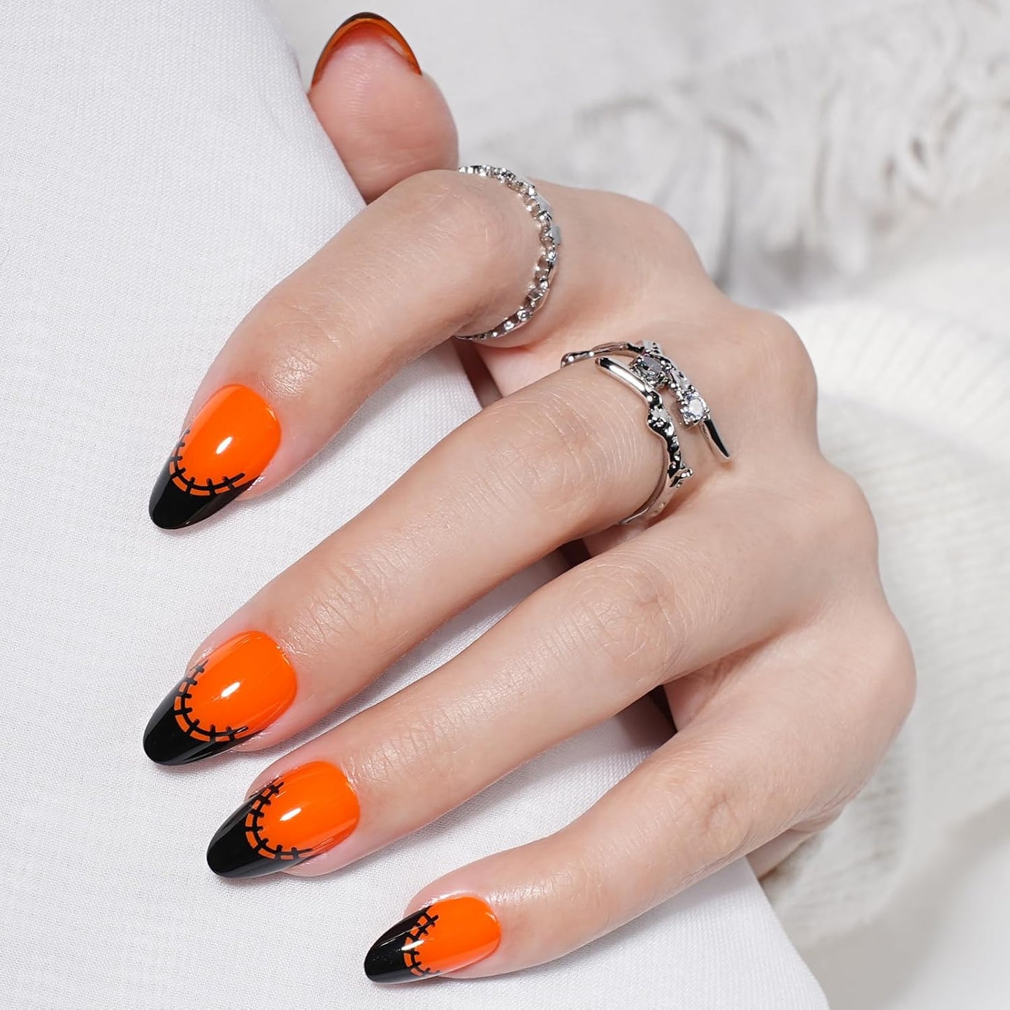 French Tip Press on Nails, Short Press on Nails Almond Reusable Glossy Soft Gel False Nails Orange Press ons for Women, 16 Sizes 32 Count Nails Kit with Glue (SV-09)