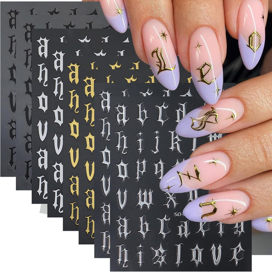 8 Sheets Old English Letters Nail Stickers for Nail Art Personalized Alphabet Nail Art Stickers Decals 3D Self-Adhesive Black White Gold Silver Nails Design Sticker for Women DIY Nail Tips Supplies