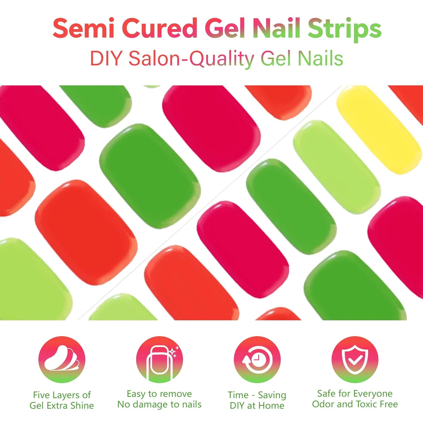 Semi Cured Gel Nail Strips-Spring summer nail stickers floral patterns beach vacation bright colors glossy shine for warm weather,Works with Any UV/LED Lamps(Vibrant Summer)