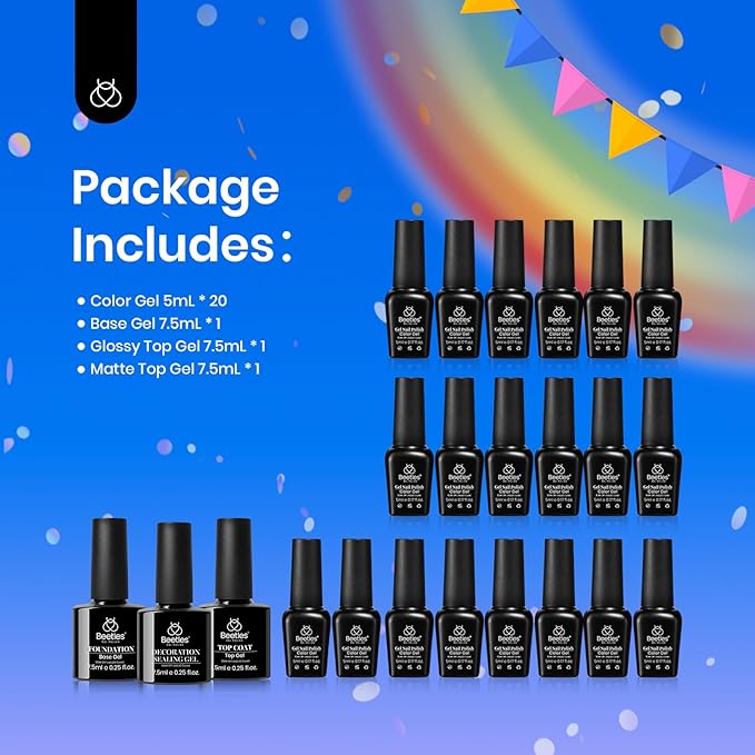 Beetles Rainbow Gel Polish Set, 20 Colors Glitter Pink Red Green Blue Bright Rainbow Collection Colorful Gel Polish Nails Sparkle Gel Base Glossy & Matte Top Coat UV Gel Gift for Women & Girls