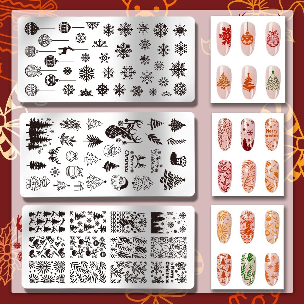 PH PandaHall Christmas Nail Art Plates 3pcs Nail Stamping Plate Winter Snowflake Santa Tree Bell Snowman Image Plate Nails Art Design Stamp Kit for DIY Nails Art Templates Reusable Template Design