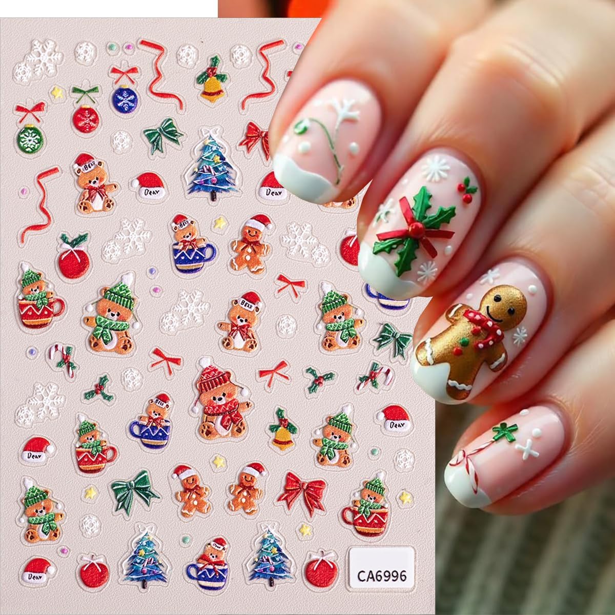 4 Sheets Christmas Nail Stickers for Nail Art, Cute Santa Claus Xmas Tree Christmas Nail Art Stickers 5D Embossed Snowmen Snowflake Design Winter Nail Decals for Women Holiday Manicure Decoration
