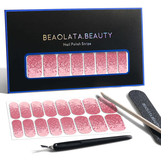 Nail Polish Strips, 32PCS Salon Quality Wraps, Long Lasting Gel Nail Stickers for Women Easy Apply& Remove (Rosy Sparkle Pink)