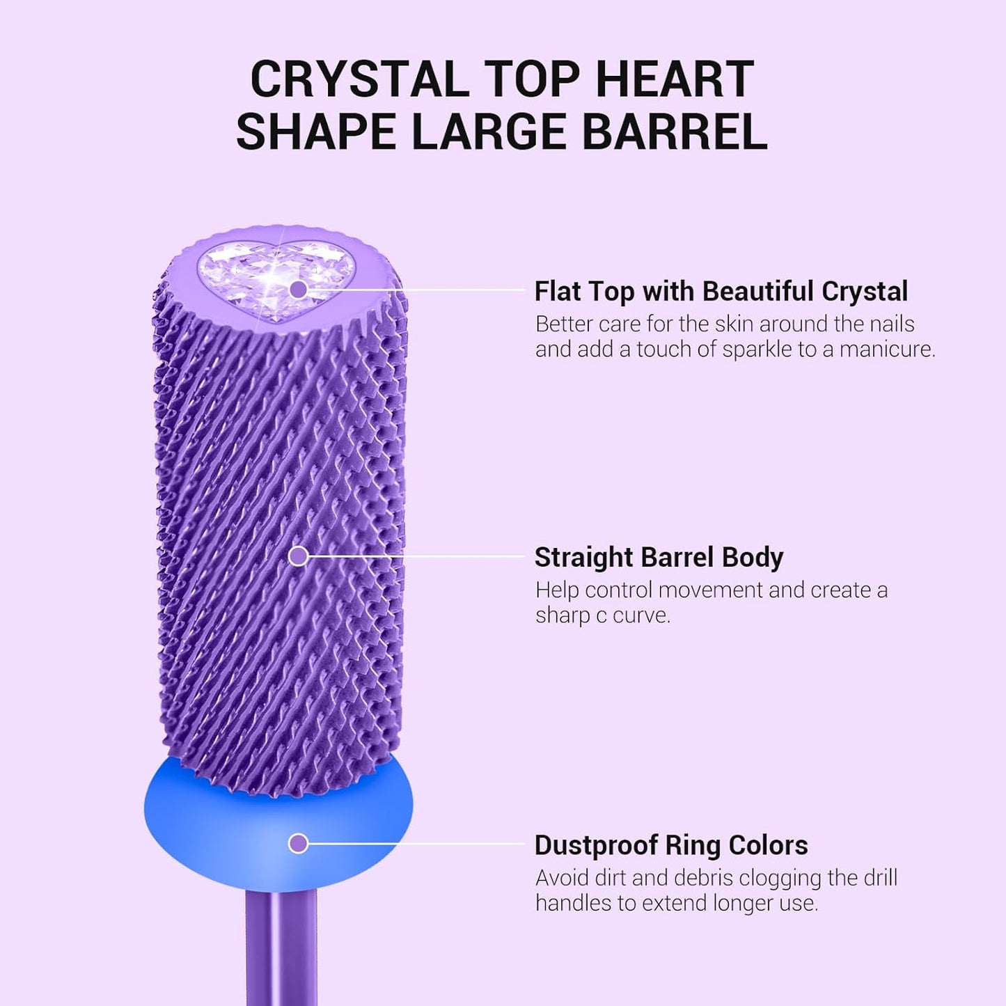 MelodySusie Large Barrel 3/32'' Tungsten Carbide Nail Drill Bit, Crystal Top Purple Heart Shape, Fast Remove Acrylic Gel, Cuticle Gel Polishing for Manicure Pedicure, Purple, Series Bit-S, Medium
