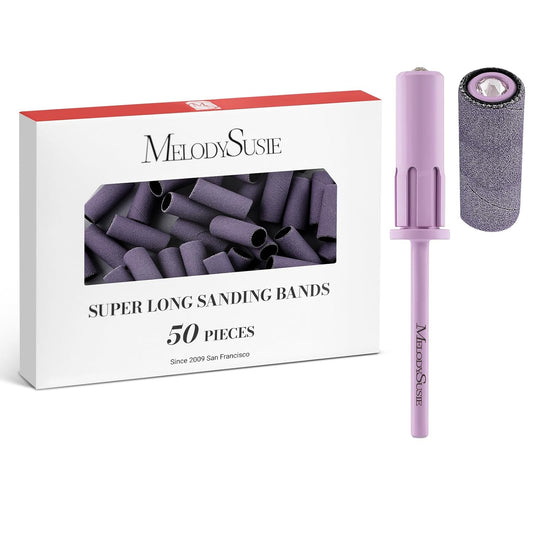 MelodySusie 50 Pcs Nail Drill Bits Super Long Sanding Bands with 6.65mm Crystal Mandrel Bit, 240 Extreme Fine Grit Nail File for Acrylic Nails Gel Manicures and Pedicure, Purple