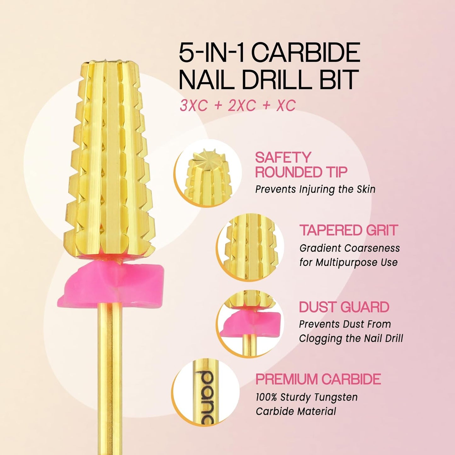 PANA 3/32" Shank 5-in-1 Nail Carbide Bit - (Triple Coarse - 3X Coarse Grit, Gold) - Two Way Rotate use for Both Left and Right Handed Fast remove Acrylic or Hard Gel Machine