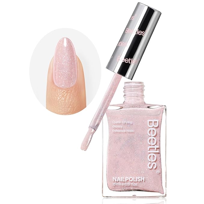 Beetles Nail Strengthener Polish - Dreamy Pink Haze Color Nail Polish Fast Drying for Nail Growth and Strengthener Dreamy Pink Haze Holographic Nail Art 15ml