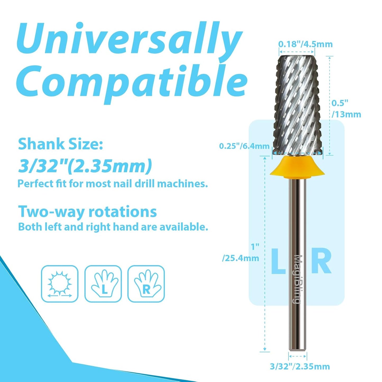 Professional Nail Drill Bits, Tungsten Carbide Cross Cut Tapered Barrel 3/32'' Safety Bits, Left and Right Hand Use, Remove Gel Fast, Manicure Pedicure Cuticle Gel Polishing, Double Coarse.