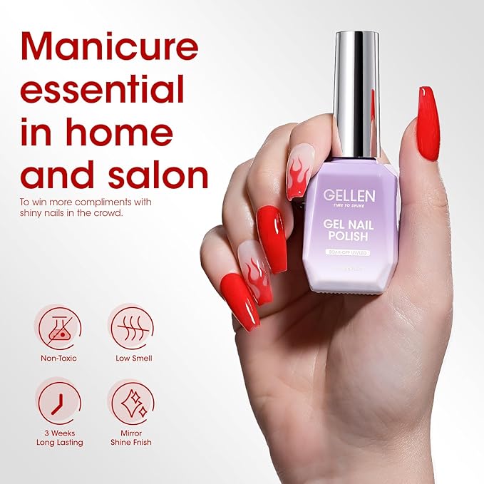 GELLEN Red Gel Nail Polish, 18ml Shimmer Red Gel Polish Gel Soak off LED Nail Art Professional Manicure Gel Polish Colors Home Salon DIY Valentines Gifts for Her