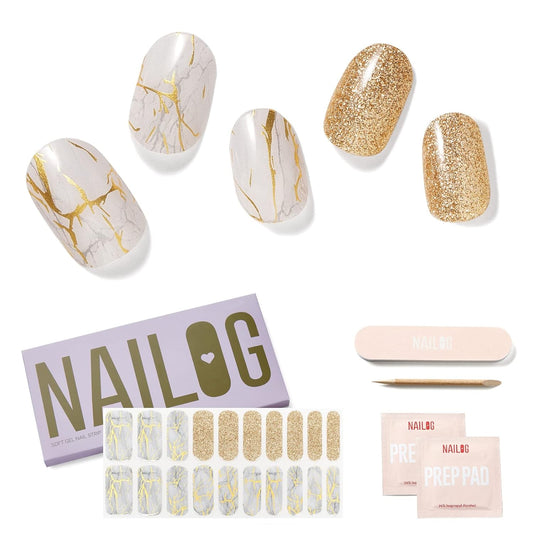 NAILOG Semi Cured Gel Nail Strips (20 Extra Long Polish Stickers/Wraps) │ Glossy & Long Lasting Soft Gel Finishing (White Marble)