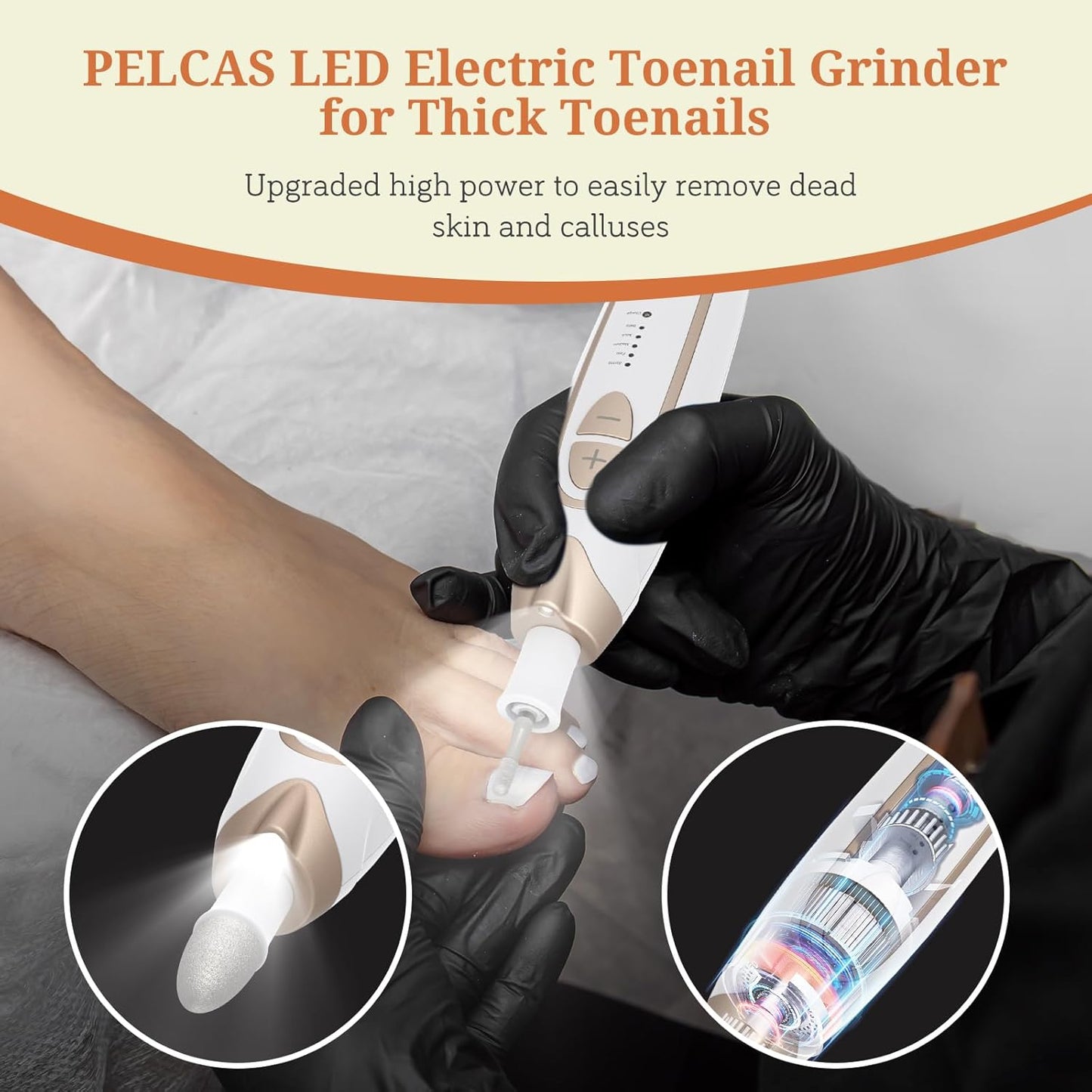 PELCAS Electric Toenail Grinder for Thick Toenails, 5 Speeds Manicure and Pedicure Kit, Cordless Nail Drill with LED Light, Electric Nail File for Human, Pet, Thick Toenails, Natural & Acrylic Nails