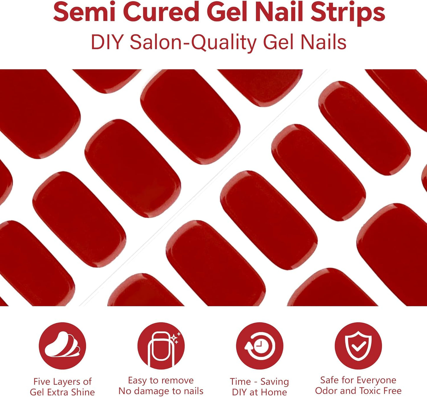 Semi Cured Gel Nail Strips-Classic Red Semi-Gel Nail Stickers,Work Ready Manicure,Long Lasting Glossy Finish for Party/Date Night Crowd,Works with Any UV/LED Lamps(Addict)