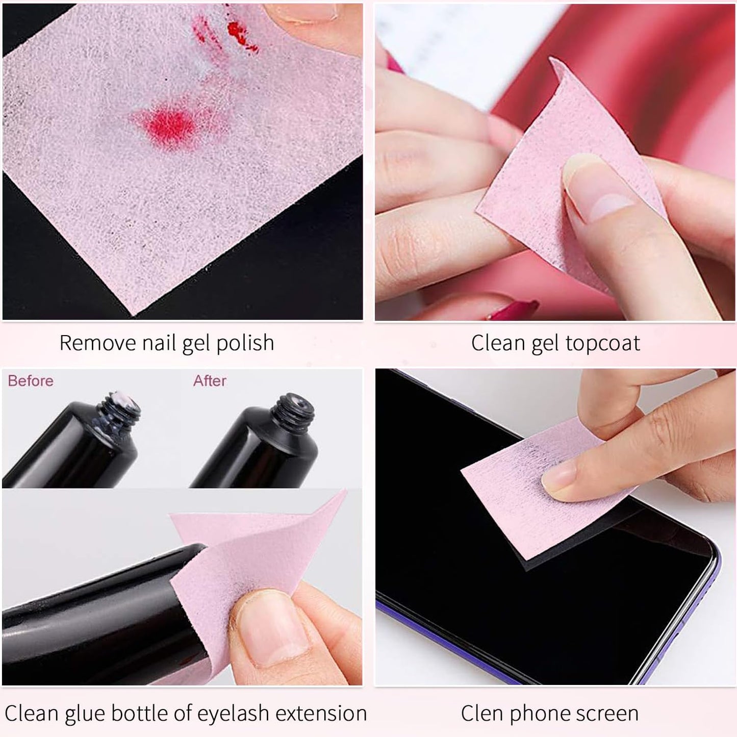 Lint Free Nail Wipes,450 Pcs Nail Cleaning Pads for Nail Art,Nail Polish Remover(Pink)