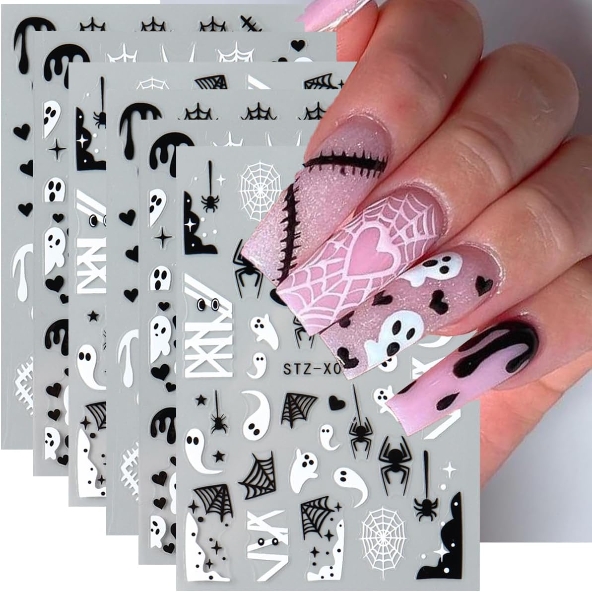 Halloween Nail Art Stickers Decals 3D Ghost Spider Web Nail Stickers 6PCS Cute Ghost Love Heart Spider Web Bandage Eye Ball Halloween Nails Design Adhesive Stickers for Women DIY Nail Art Decorations
