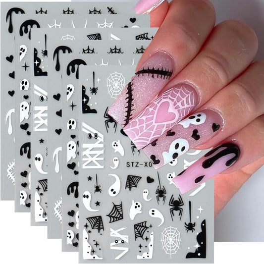 Halloween Nail Art Stickers Decals 3D Ghost Spider Web Nail Stickers 6PCS Cute Ghost Love Heart Spider Web Bandage Eye Ball Halloween Nails Design Adhesive Stickers for Women DIY Nail Art Decorations