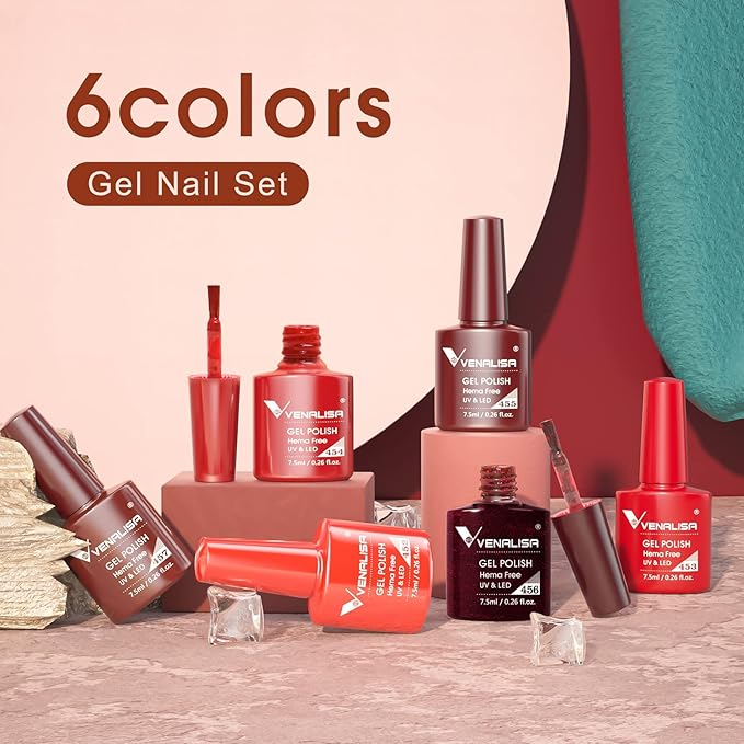 VENALISA Hema-Free Red Gel Nail Polish Set- 6 Colors Popular Red Burgundy Glitter Gel Polish Kit, DIY at Home Salon Christmas New Year's Gifts for Girls