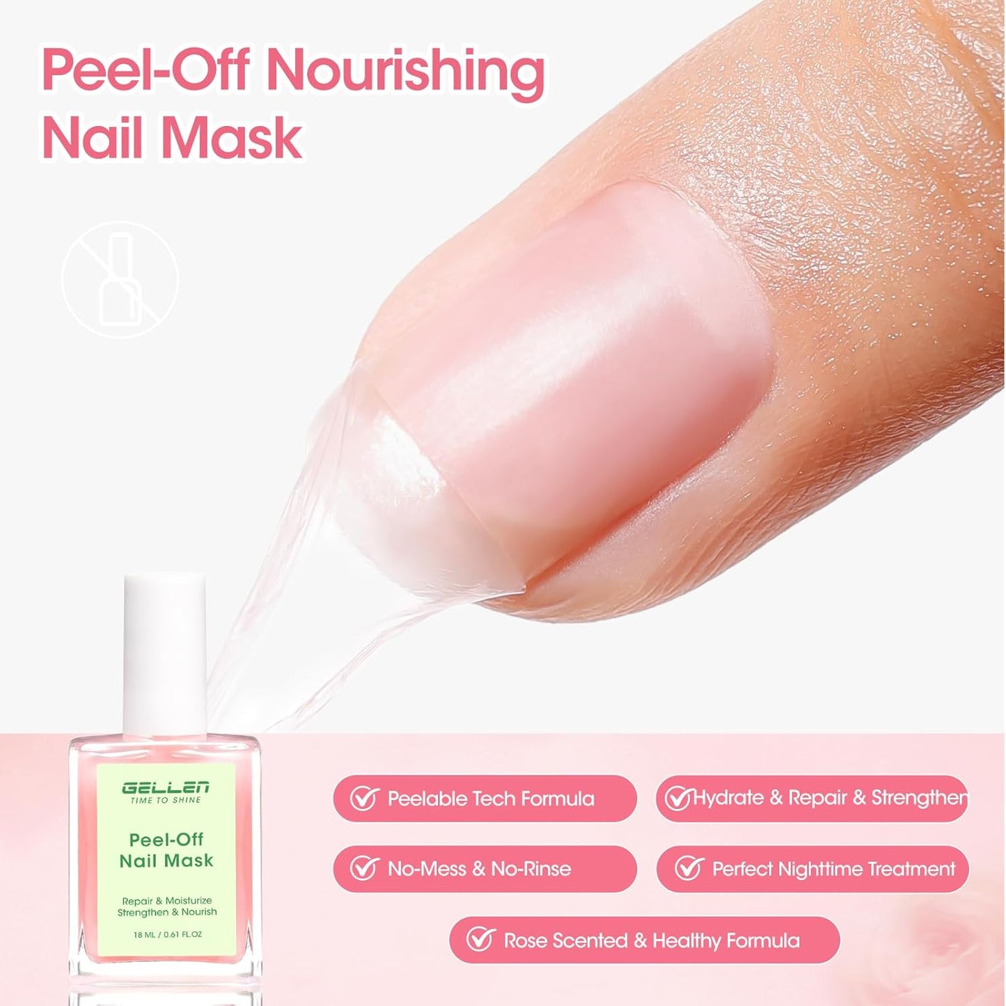 Gellen Peelable Nail Strengthener Mask, Air Dry Peel-Off Nail Mask for Nail Strengthener and Growth, Nail Repair Masque for Damaged Weak Thin Nails, Natural Nail Treatment, Rose Scent