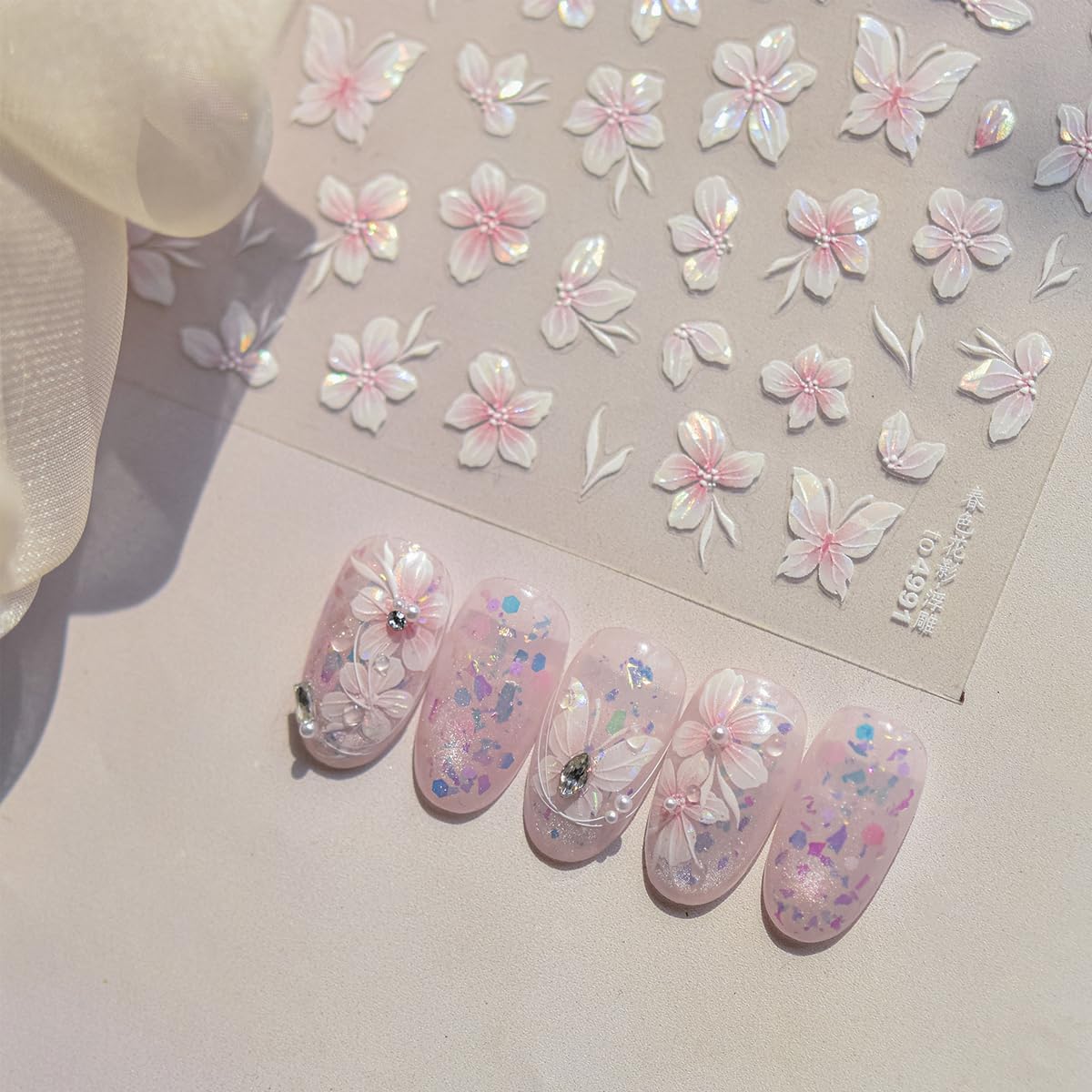 1 Sheet of Pink Flower Nail Stickers, Aurora Gradient Floral Nail Art Stickers, 5D Embossed Self-Adhesive Nail Decals for Women DIY Spring Floral Manicure Decoration Supplies