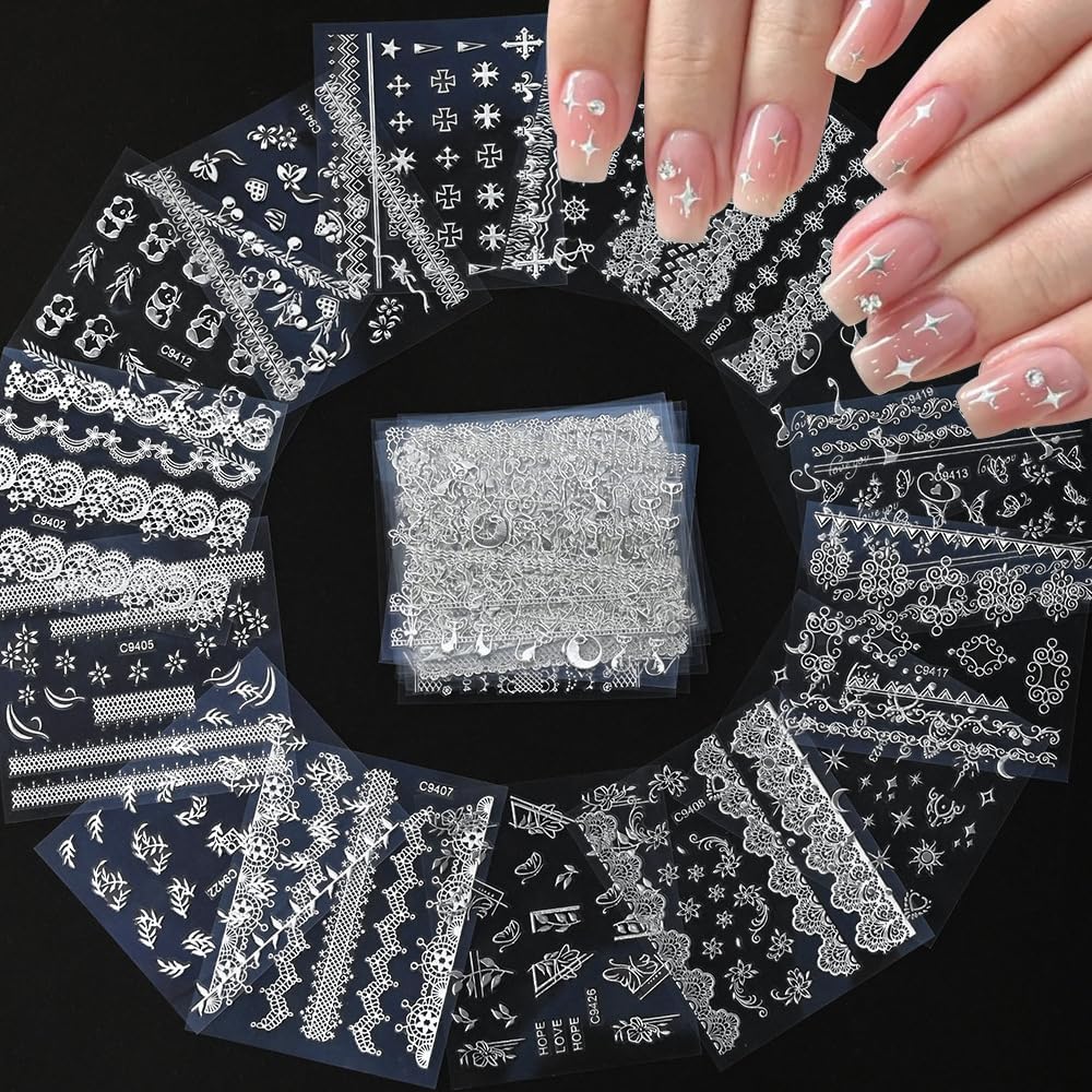30 Sheets Silver Nail Sticker Silver Lace Nail Art Stickers Silver Retro Flower Star Moon Heart Cat Design 3D Self-Adhesive Nail Sticker Decals Nail Supplies for Women Girls DIY Nail Art Decoratio