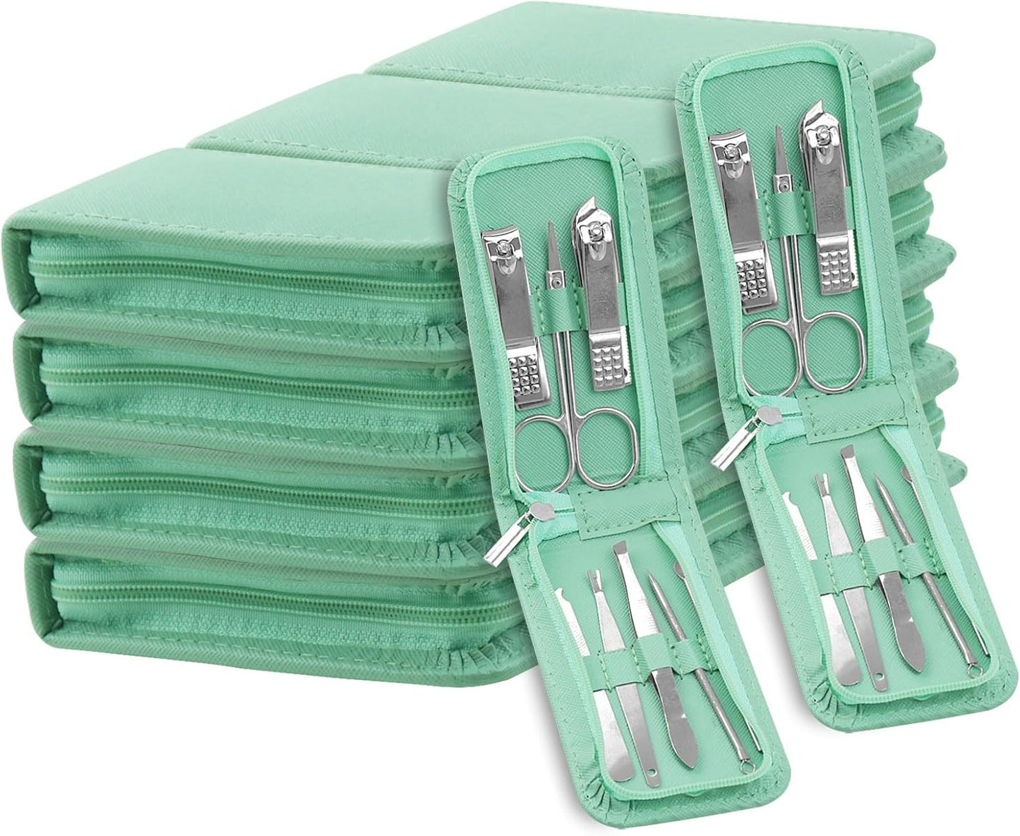 Manicure Set Bulk, Nail Clippers Kit Stainless Steel Fingernail Clippers Set, Sturdy Nail Tip Cutter Trimmers Professional Grooming Toenail Clippers Personal Pedicure Kits 8 in 1 (Green 12 Pack)