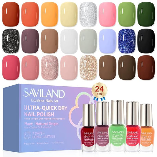 SAVILAND Color Artistry Fall Nail Polish Set: Quick Dry 24 Color Regular Nail Polish Kit Orange Red Brown Glitter Finger Bulk Fingernail Polish Set Non Gel Castor Oil Vitamin E Nail Lacquer Women Home