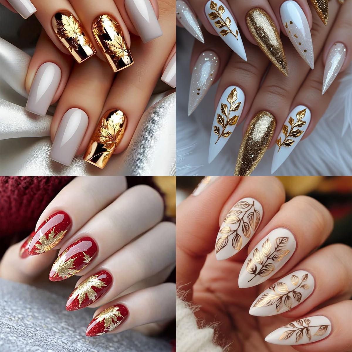 8 Sheets Bronzing Fall Nail Art Stickers Decals 3D Self-Adhesive Laser Gold White Leaves Flowers Nail Decals Autumn Maple Leaf Nails Design Stickers Thanksgiving Nail Art Supplies for Women