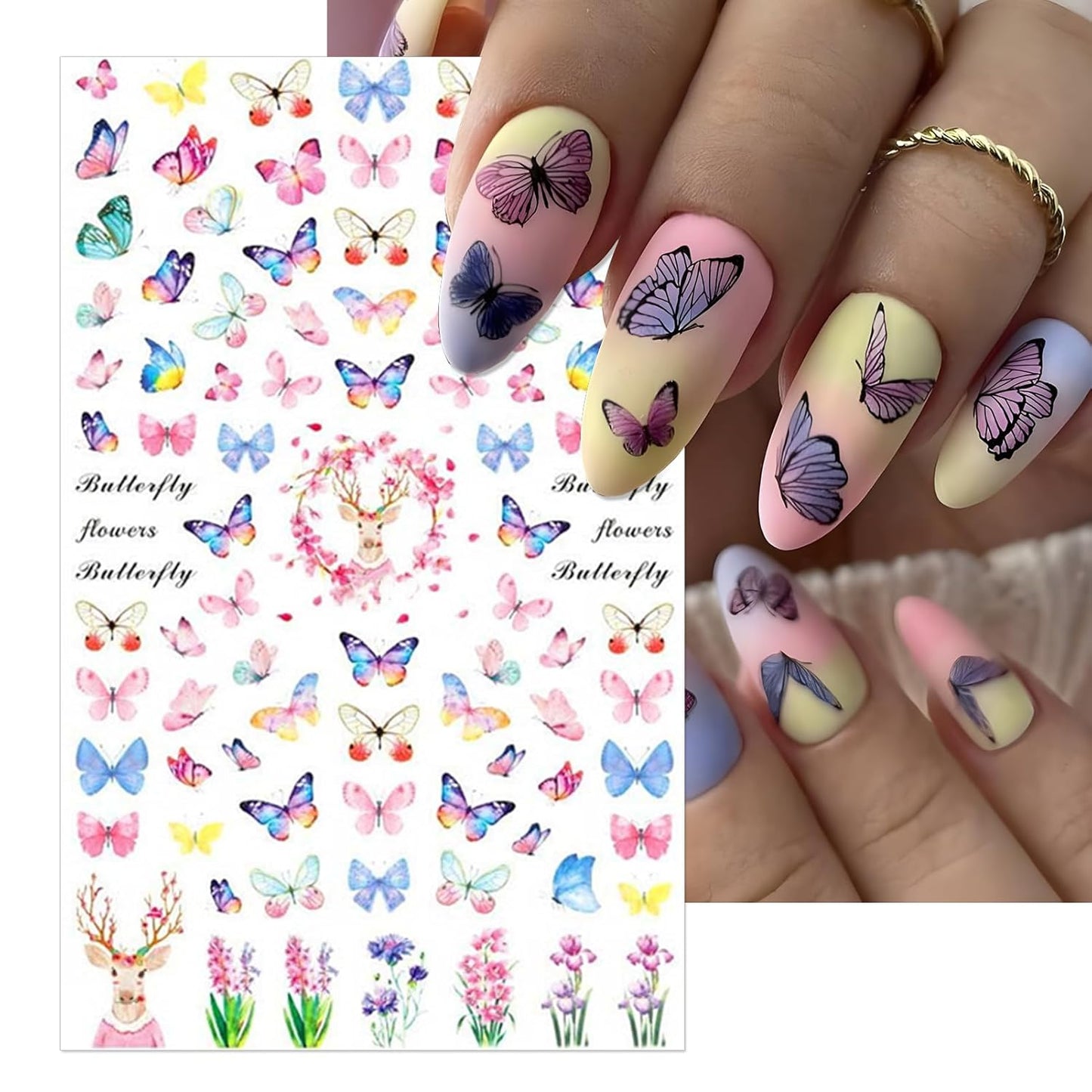 6 Sheets Butterflies Nail Art Stickers - Colorful Spring Flower Self-Adhesive Nail Decals for DIY Butterflies Wing Summer Floral Manicure