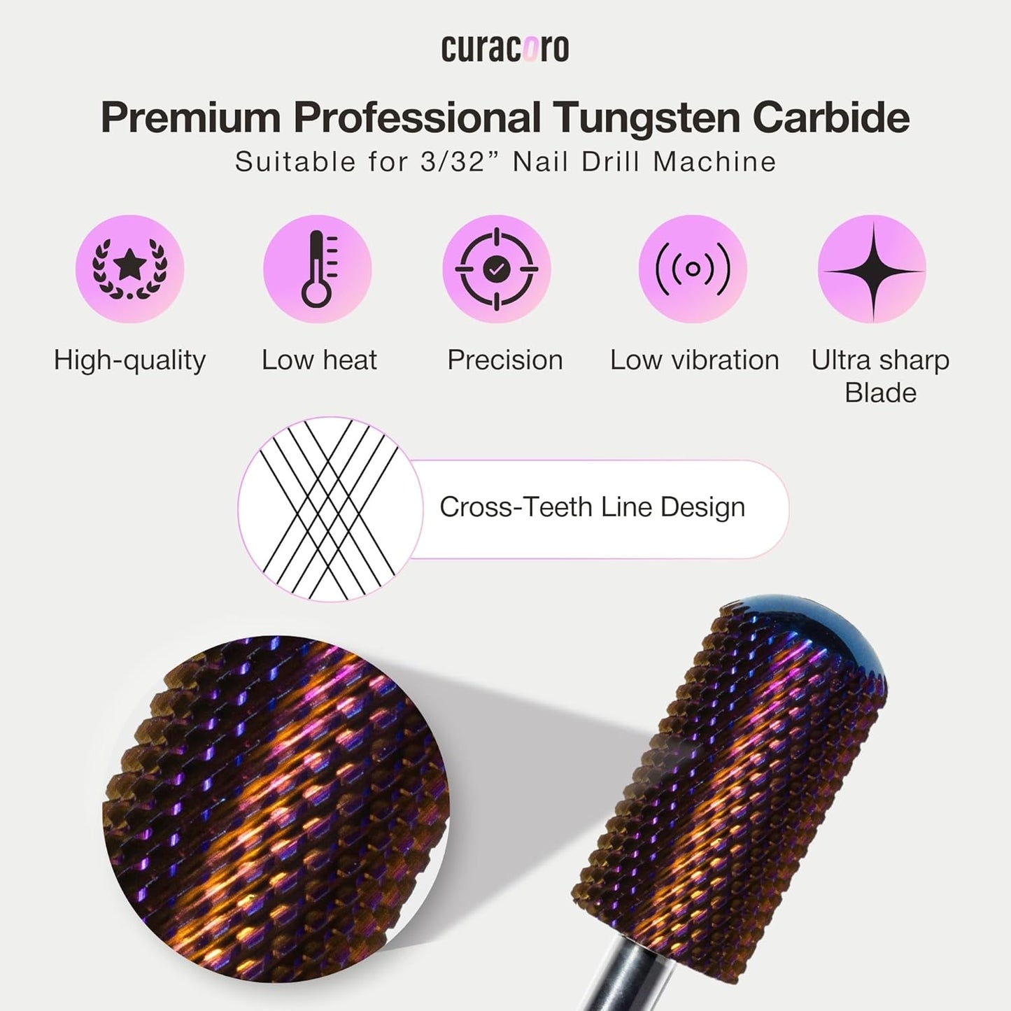 Curacoro Nail Drill Bits 3/32'' - L-Shaped Smooth Stop Barrel Carbide Bit (Medium) for Professional Finish, Refine & Smooth Acrylic or Gel Nails, Nail Art Pedicure Manicure Salon & Home