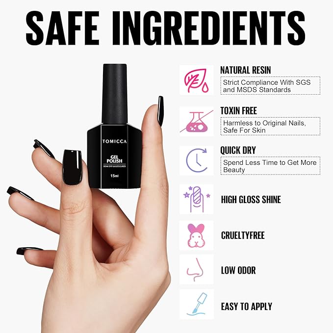 TOMICCA Black Gel Nail Polish, 15ml Fast Dry, Long Lasting Soak Off UV Gel Polish for French Manicure Nail Art