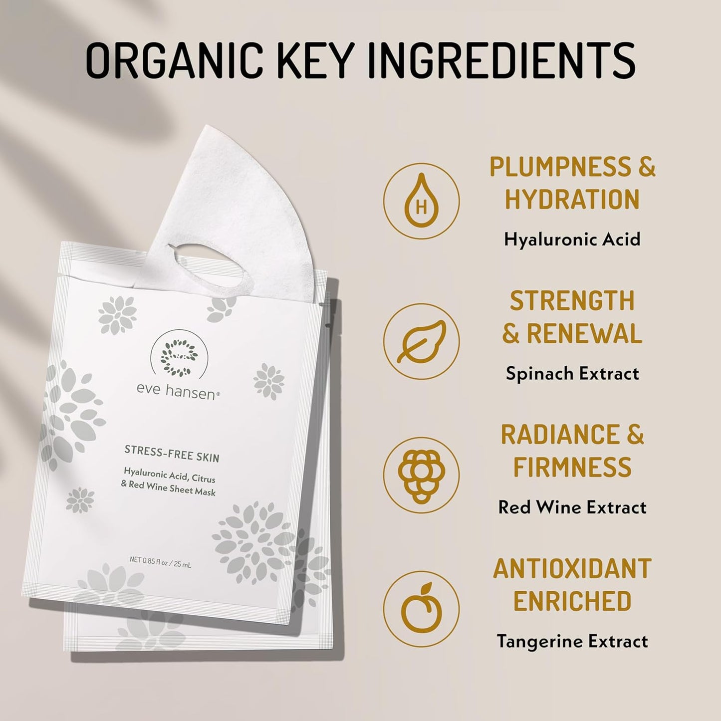 Eve Hansen Hydrating Face Mask Sheets Set of 5 – Moisturizing & Nourishing Care for All Skin Types – With Hyaluronic Acid, Tangerine Peel, Blueberry Extract & Spinach Leaf