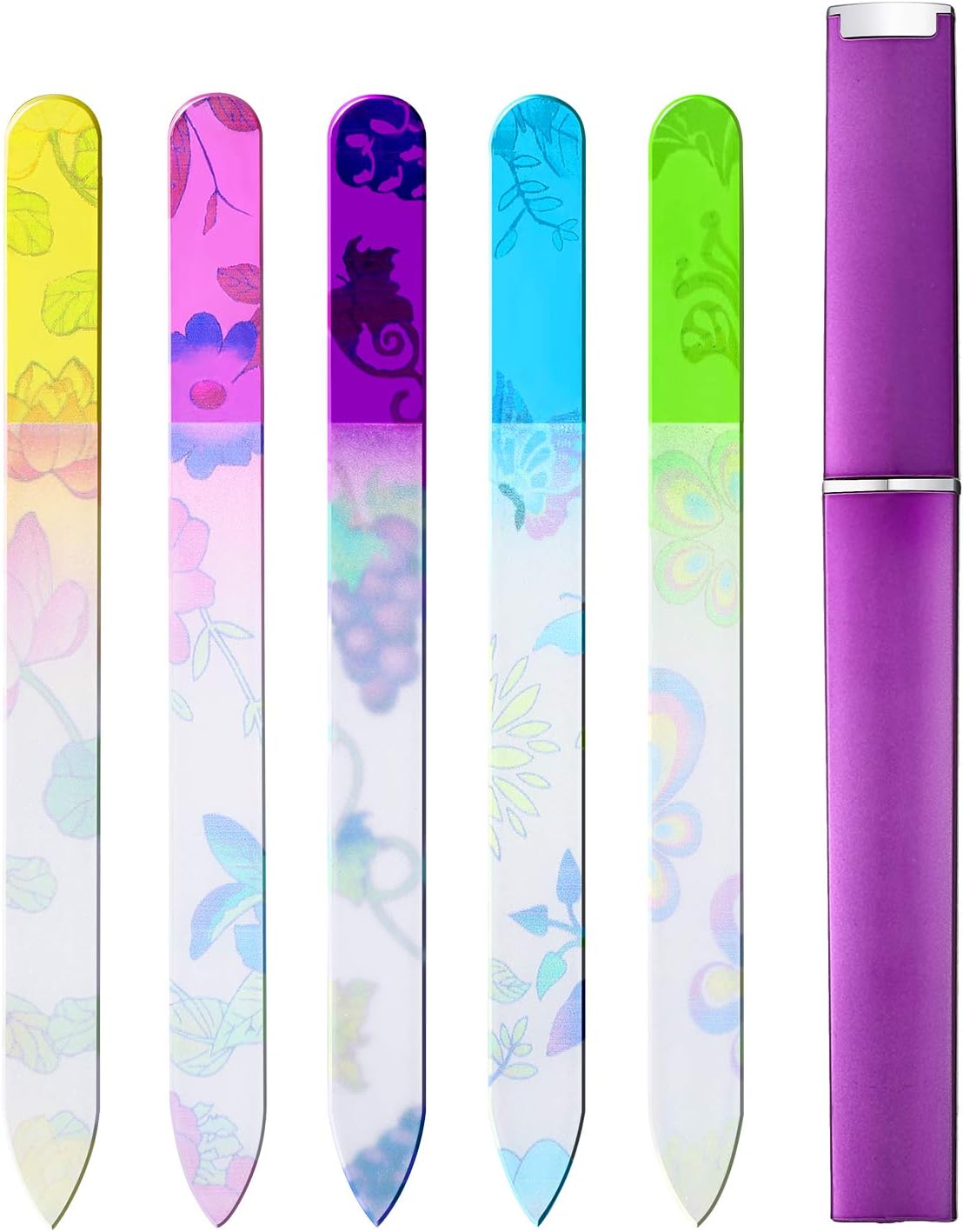 Mudder 5 Pack Glass Nail File with Case for Women Double Sided Crystal Fingernail File for Natural Nails Manicure Care Christmas Stocking Stuffers Gifts(Classic Pattern)