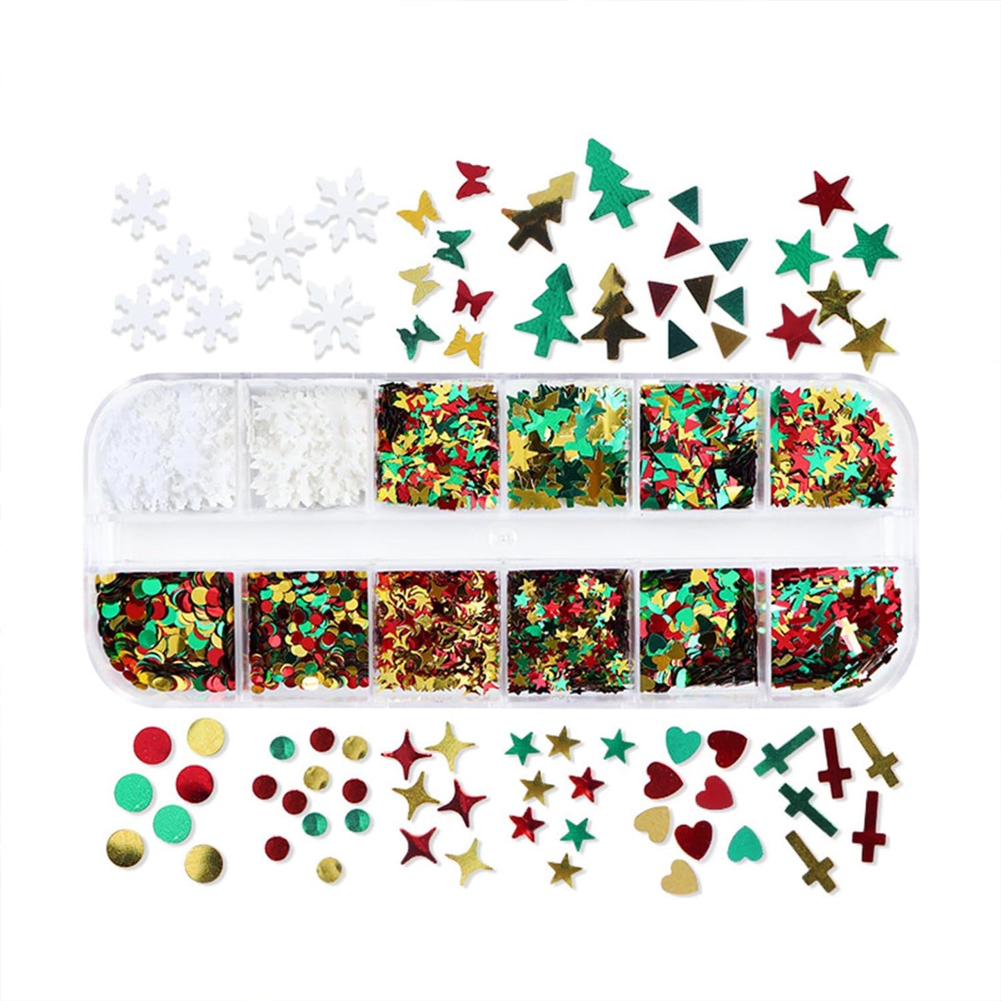 12 Grids Christmas Nail Art Glitter Sequins 3D Holographic Mixed Winter Nail Glitter Flakes Snowflake Christmas Tree Star Round Cross Designs Glitter for Acrylic Nails Xmas Nail Decorations for Women