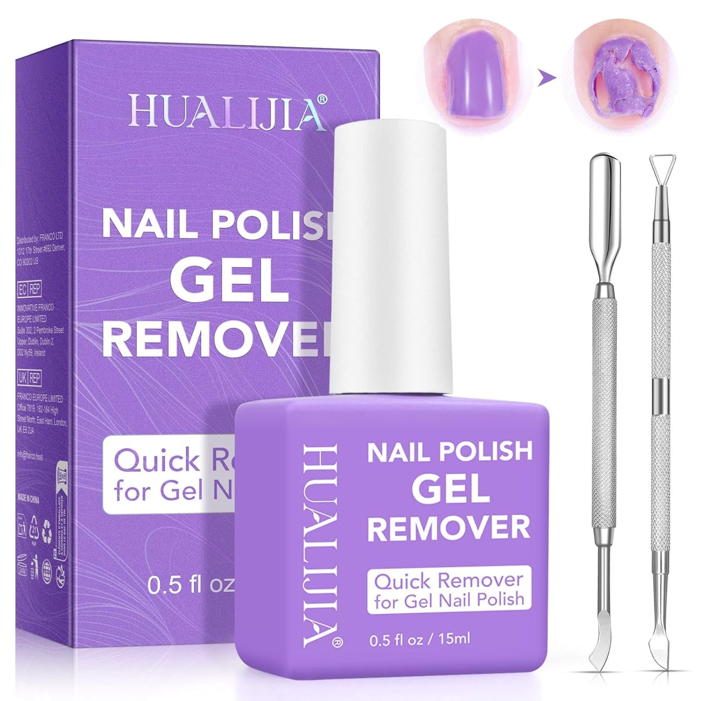 Gel Nail Polish Remover, Professional Gel Remover for Nails Kit with Cuticle Pusher & Scraper, Quick & Easy Remover Nail Polish in 2-5 Minutes, No Need for Foil Soaking or Wrapping