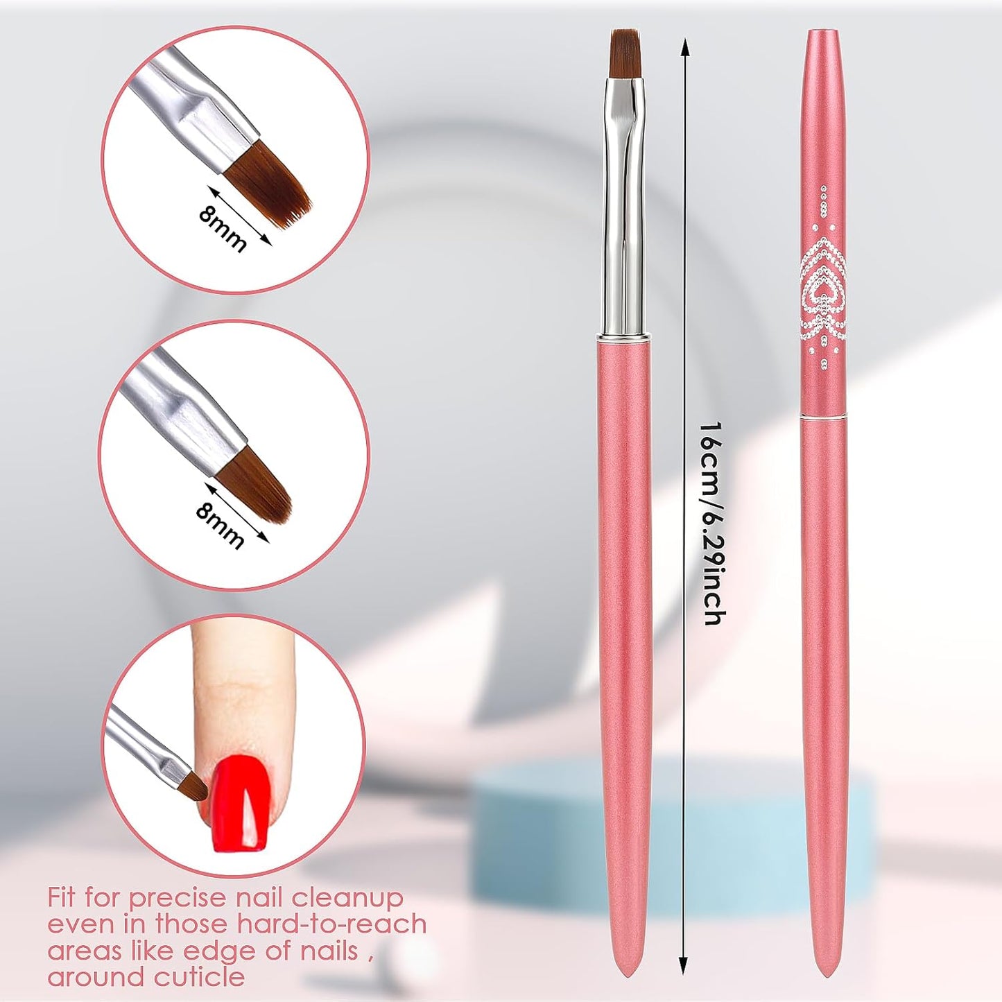 cobee Nail Clean Up Brush, 2PCS Nail Art Clean Up Brushes Nail Painting Brushes Nail Remover Brush Nail Pen Painting Tools for Nail Art Design Manicure Mistake Cleaning(Round, Angled, Rose Red)