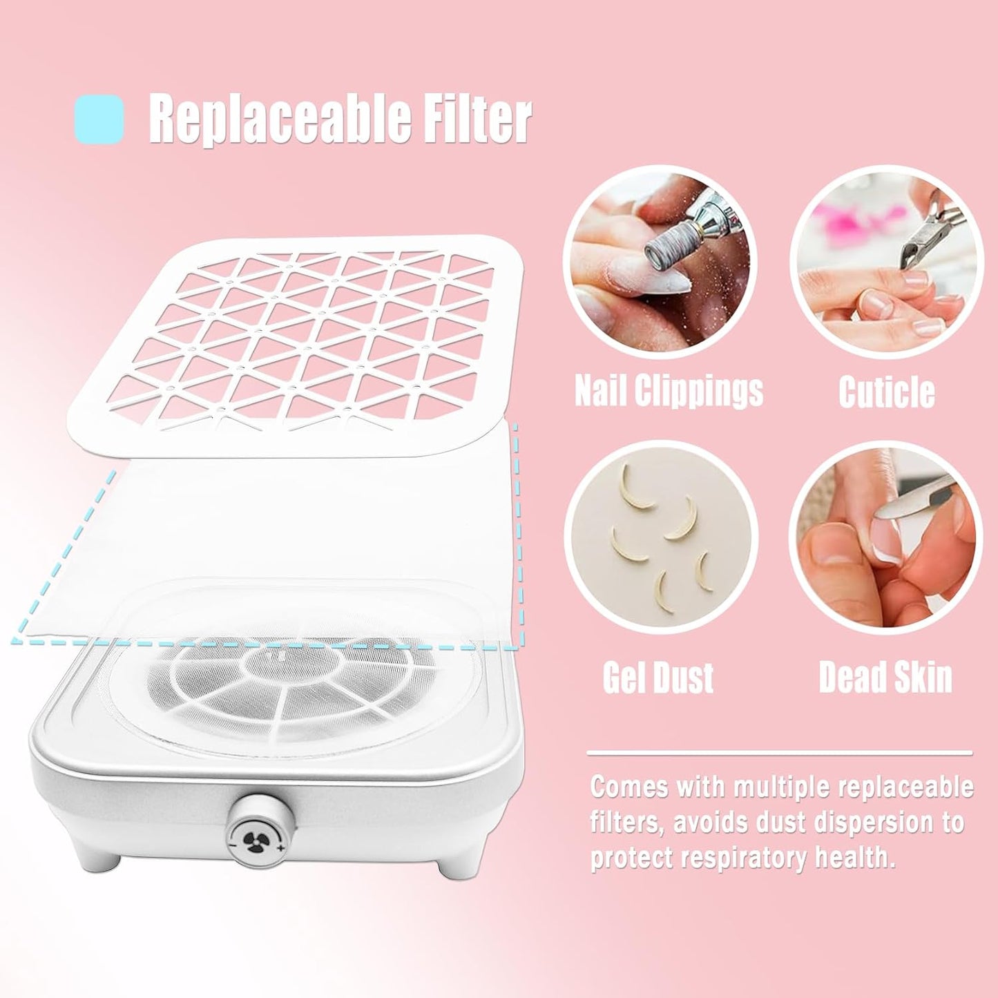 JAYWAYNE Nail Dust Collector for Nail Tech Powerful Nail Vacuum Cleaner with Stepless Speed Control and Disposable Filter Nail Fan Dust Collector Suitable for Acrylic Nails, Nail Salons and DIY