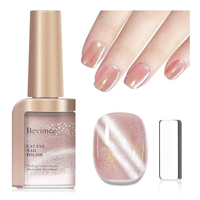 Cat Eye Nail Polish Non Gel Quick Dry, Magnetic Cat Eye Polish Fingernail Gold Glitter Nail Lacquer No UV Required, Crystal Velvet Glass Shine For Nail Art Long Lasting