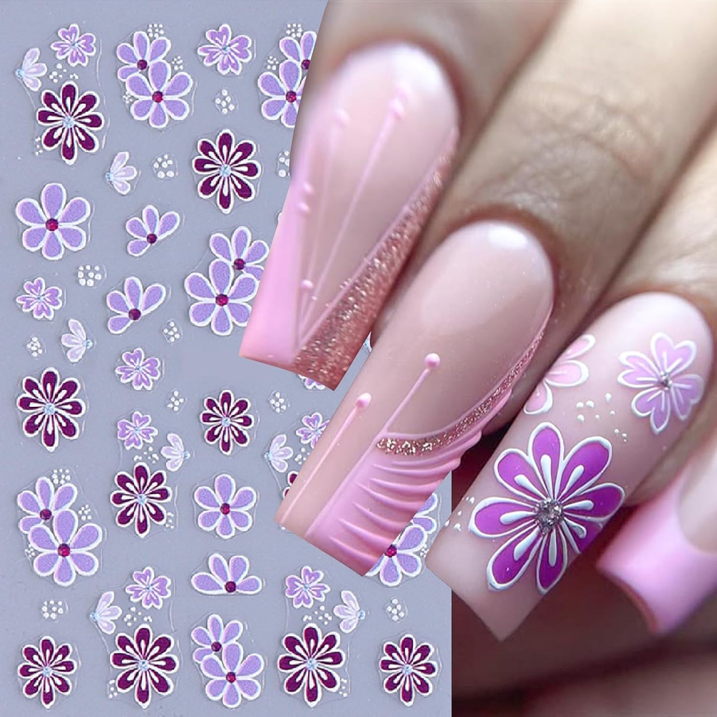 3 Sheets Colored Daisy Nail Art Stickers 3D Self-Adhesive Golden Hot Stamping Butterflies Design Spring Cherry Blossom Nail Decals for Women Girls Summer DIY Manicure Decoration