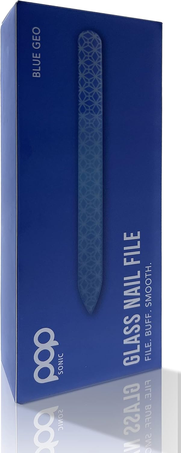 Pop Sonic Double-Sided Glass Nail File | Fingernail Files for Shaping & Smoothing Nails | High-Quality Tempered Glass | Strong, Wear-Resistant Filer w/Protective Carrying Case (Blue Geo)