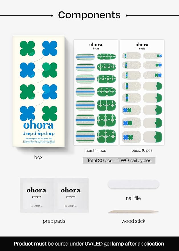 ohora Semi Cured Gel Nail Strips (N Clover Parade) - Works with Any Lamps, Salon-Quality, Long Lasting, Easy to Apply & Remove - Includes 2 Prep Pads, Nail File & Wooden Stick