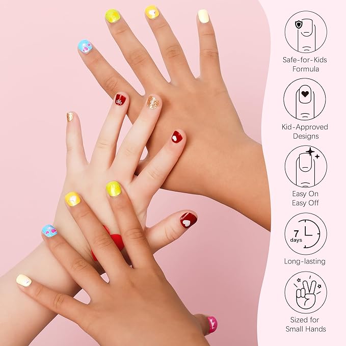 DANNI & TONI Kids Gel Nail Strips Diamond Crown Heart Accent Nails Salon-Quality Peel & Stick Manicure for Children (Age 6+)– Safe, Long-Lasting, Easy to Apply |Candy Crown