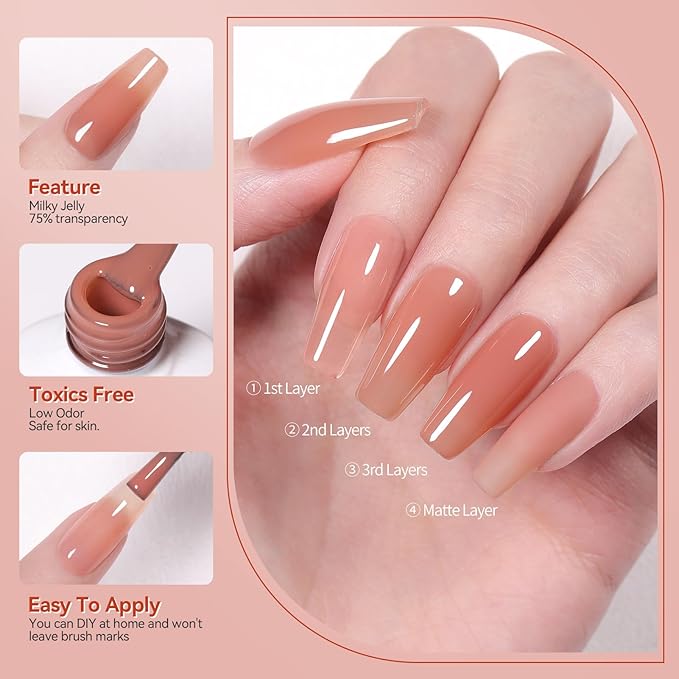 Born Pretty Jelly Burgundy Gel Nail Polish Fall Winter Jelly Blood Wine Red Brown Nude Purple Halloween Translucent Sheer Gel Polish Set Nail Art Varnish Manicure 6PCS