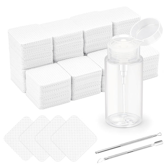 1080 + 3 Pcs Lint Free Nail Wipes Kit, Disposable Nail Polish Remover Pads Non-Woven Nails Eyelash Extensions Wipes, Nail Polish Remover Wipes with 200 ML Bottle, 2 Pcs Cuticle Pusher (White)