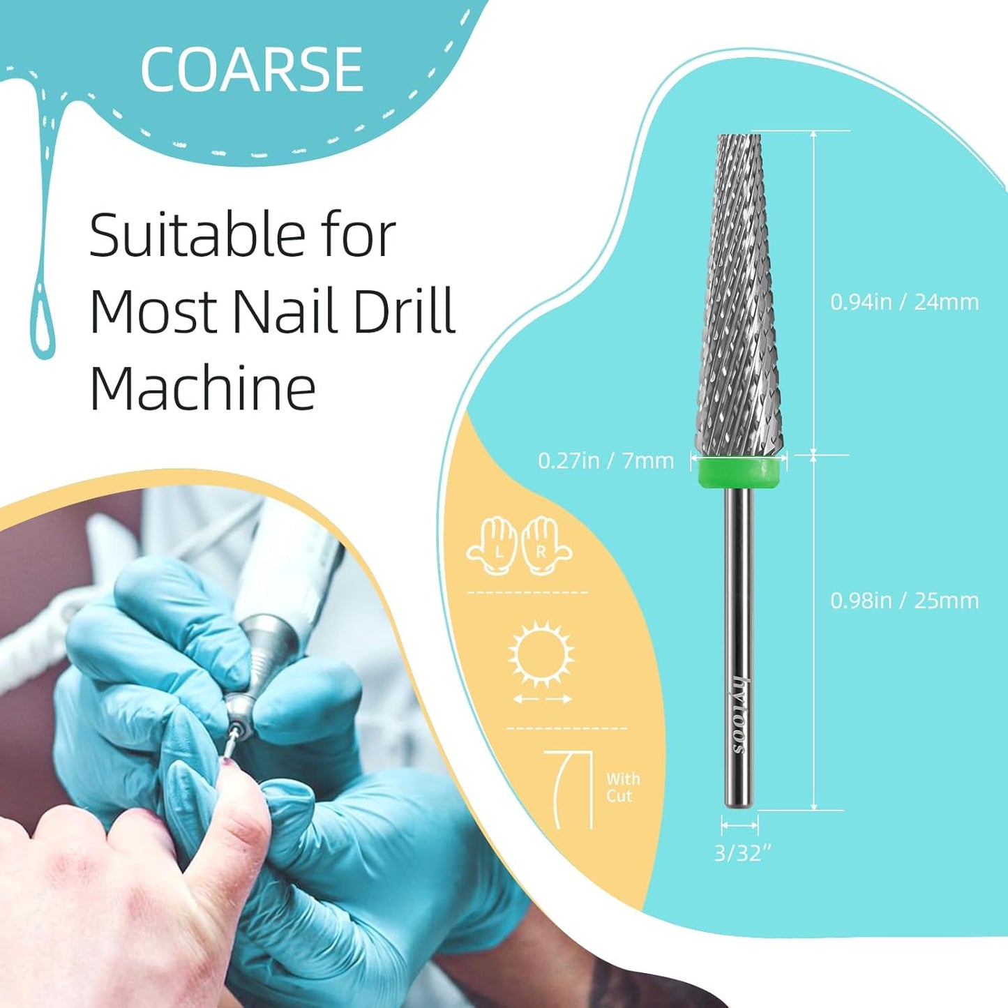 5 in 1 Nail Drill Bits, 24mm Flat Top Tapered Professional Tungsten Carbide Bit for Gel Polish & Acrylic Removal, Electric File Manicure Drills Accessories Tool,C