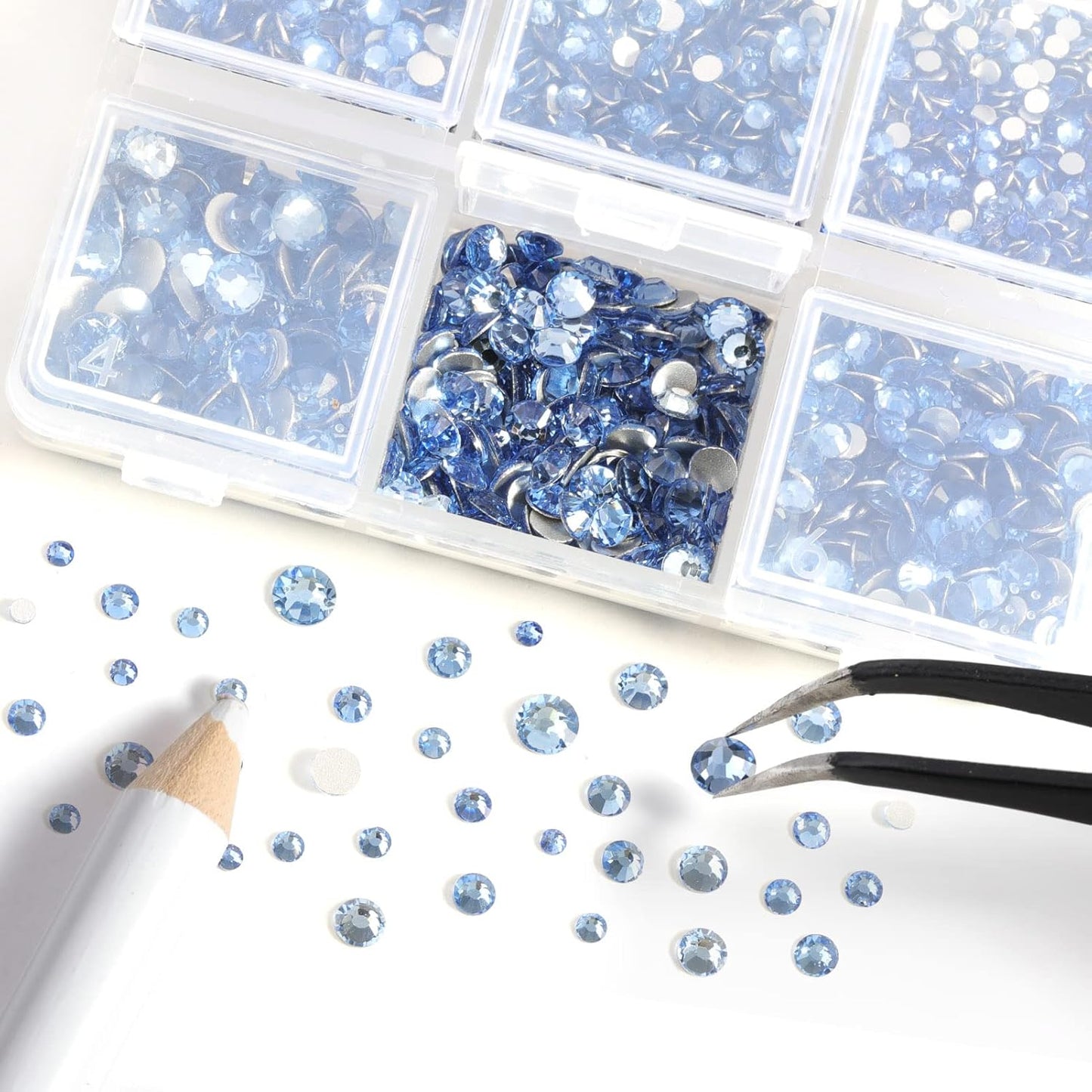 Beadsland 4300pcs Flatback Rhinestones,Light Blue Rhinestone Nail Gems Round Crystal Rhinestones for Crafts,Mixed 6 Sizes with Picking Tweezers and Wax Pencil Kit, SS6-SS20,Light Sapphire