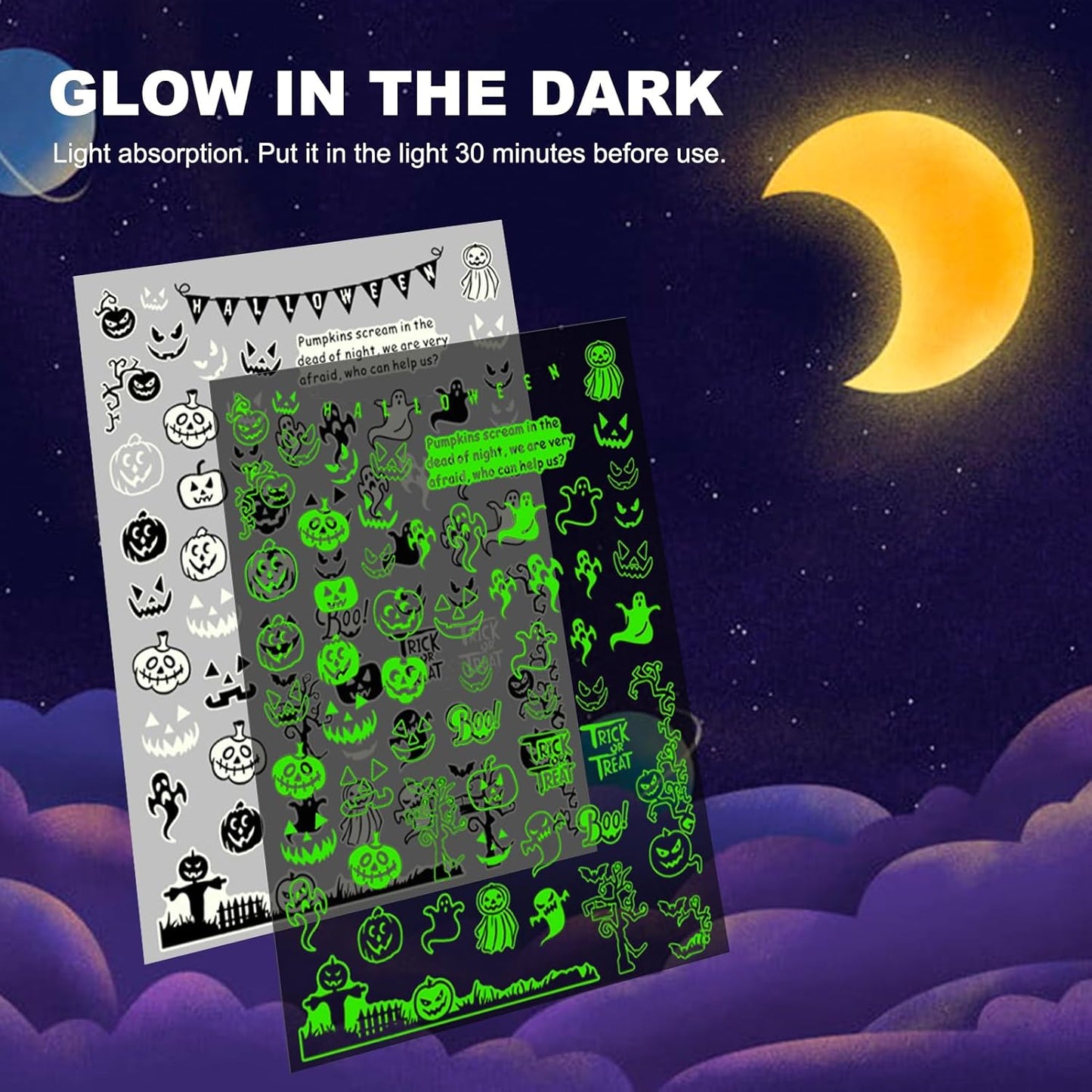 Halloween Glow in The Dark Nail Stickers, 3D Luminous Ghost Nail Art Decals, Self-Adhesive Pumpkin Spider-Web Bat Design for DIY Supplies Decoration (10 Sheets)