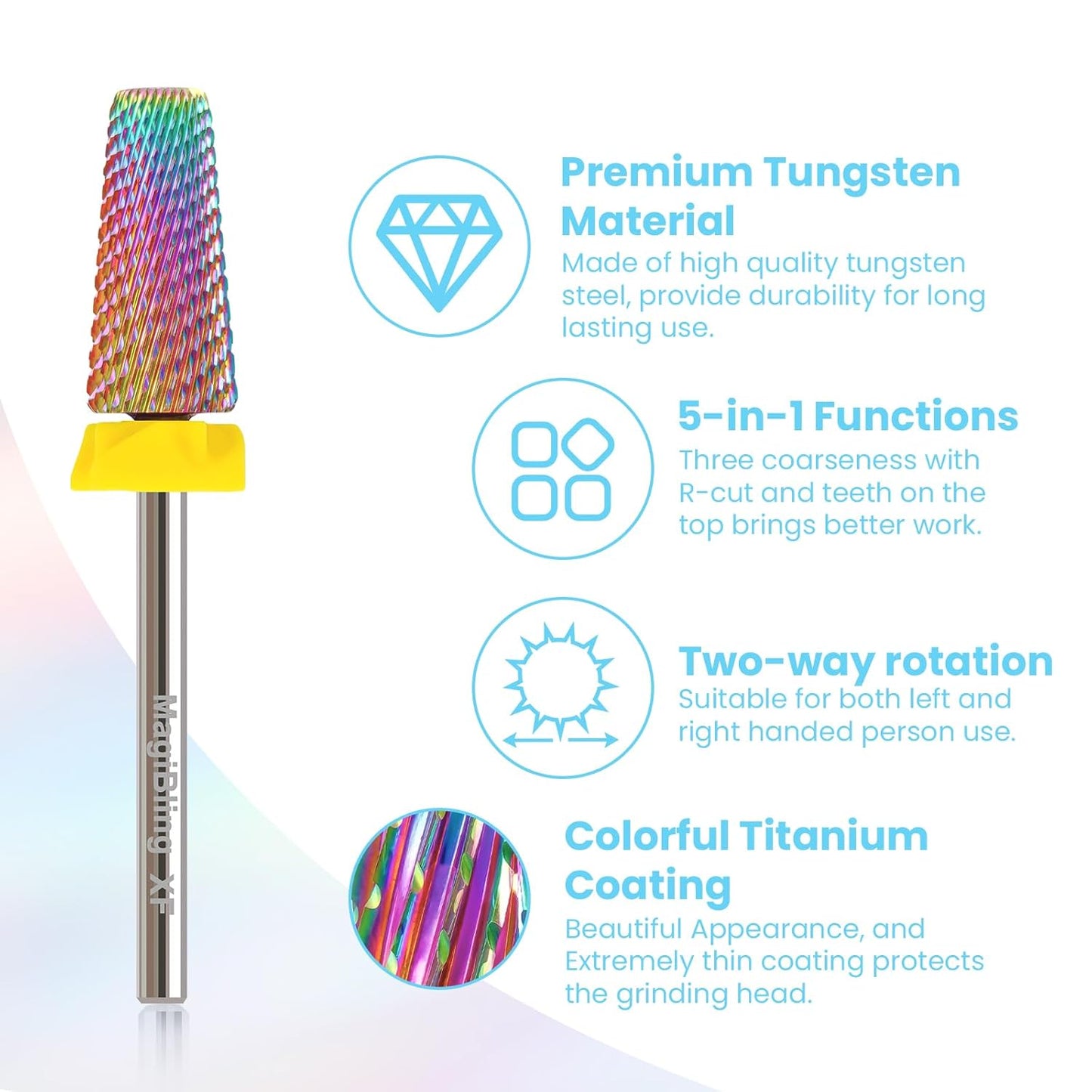 Professional XF 5 in 1 Tapered Nail Drill Bits, 3/32'' Safety Tungsten Carbide Bits, Remove Hard Gel Fast, Left & Right Hand Use, Easy for Beginner, Technicians Bits, Extra Fine.